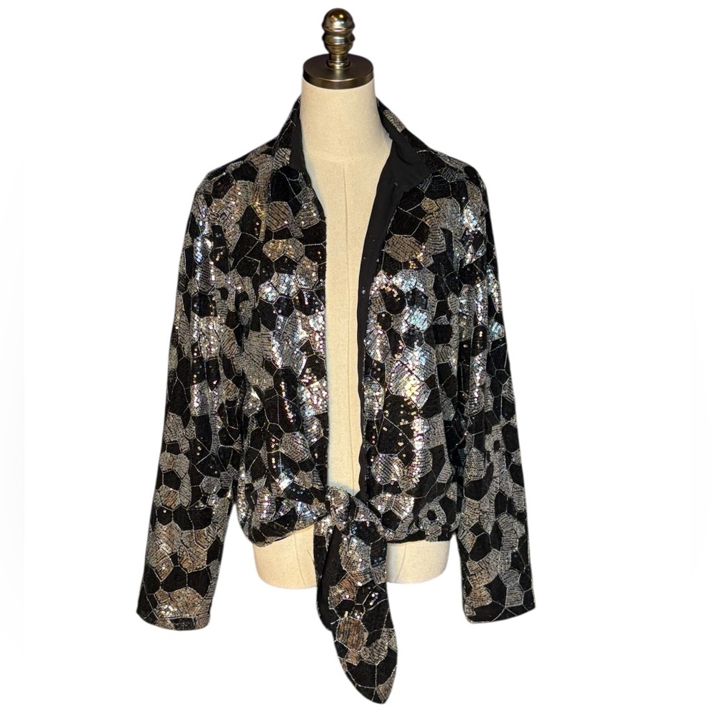NEW Chico's Twilight Dazzle Tropez Jacket Sequin Tie Front Black Silver Evening